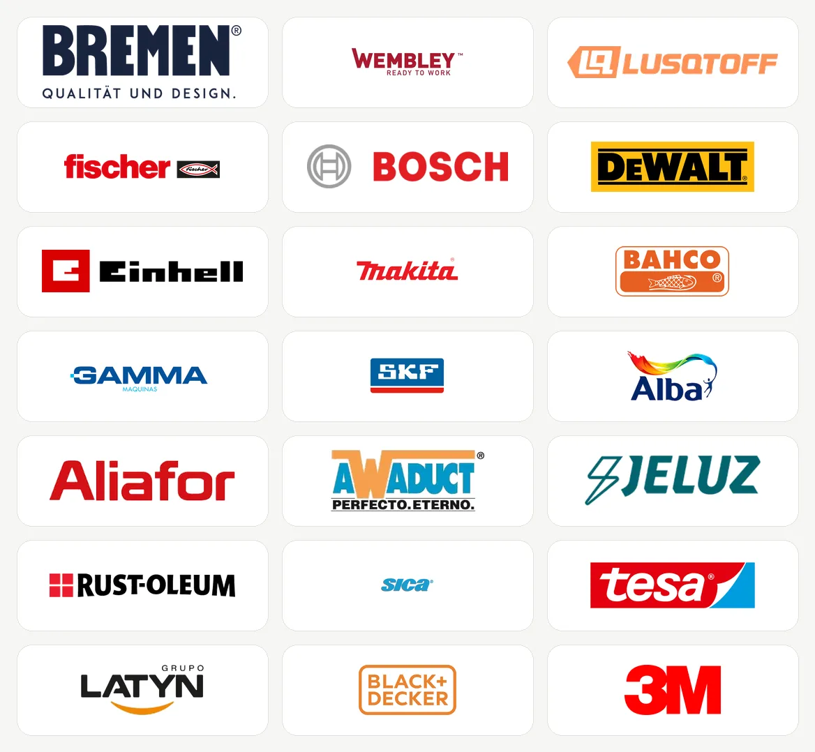 Marcas que comercializa SYMEG: Bremen, Wembley, Lusqtoff, Fischer, Bosch, Dewalt, Einhell, Makita, Bahco, Gamma, SKF, Alba, Aliafor, Awaduct, Jeluz, Rust-Oleum, Sica, Tesa, Latyn, Black+Decker, 3M
